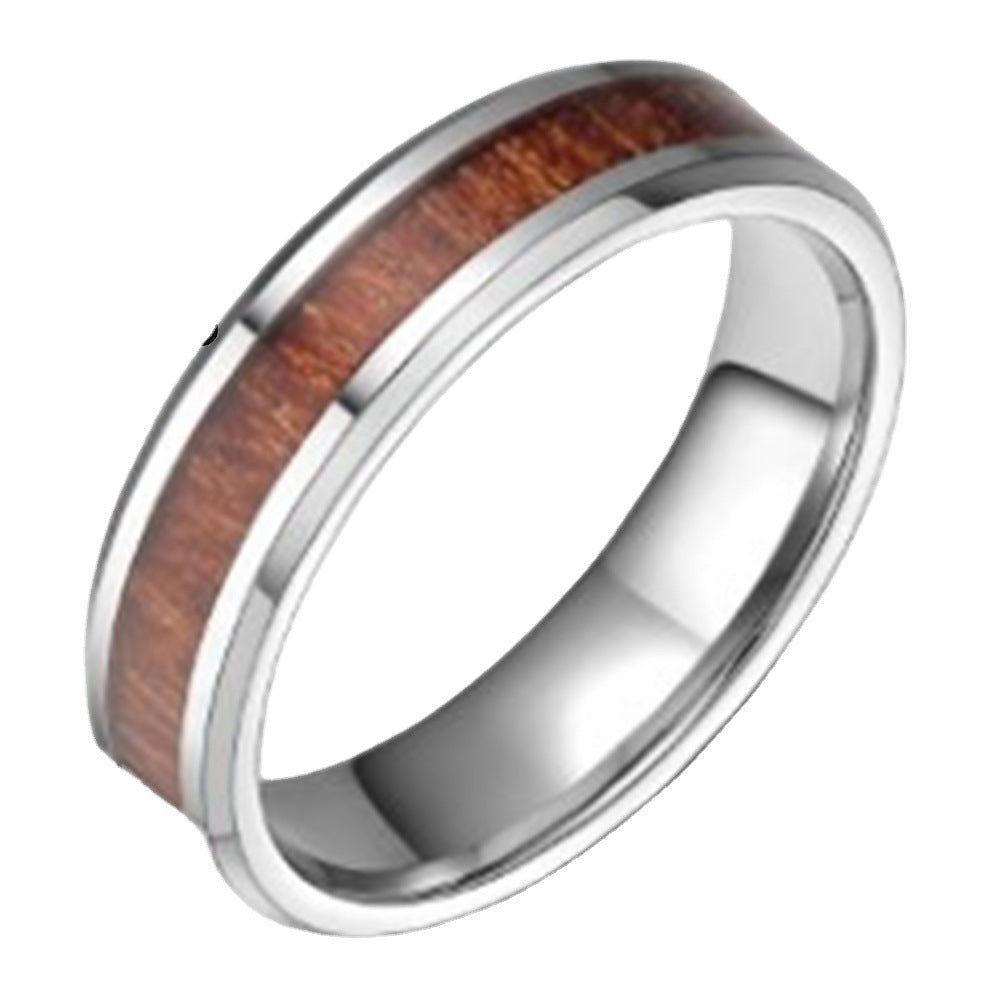 Manufacturers spot wholesale fashion inlaid wood veneer width 6/8mm unisex couple wood grain tungsten steel ring foreign trade