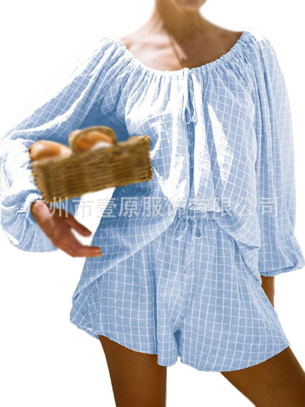 Cross-border European and American 2025 summer new round neck long-sleeved shirt shorts two-piece plaid shirt suit