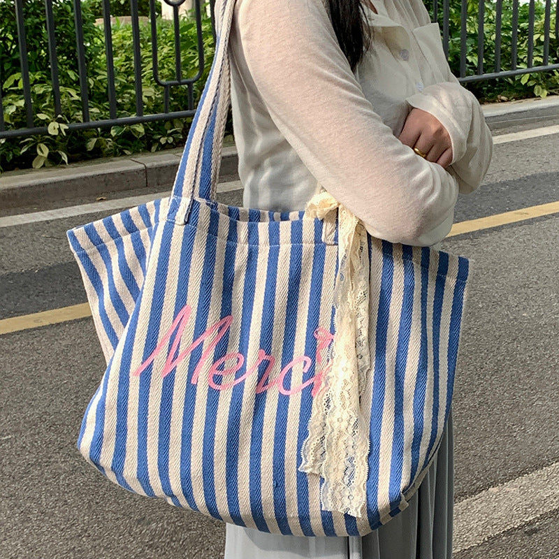 New canvas bag original large capacity blue striped letter printing casual all-match tote bag women