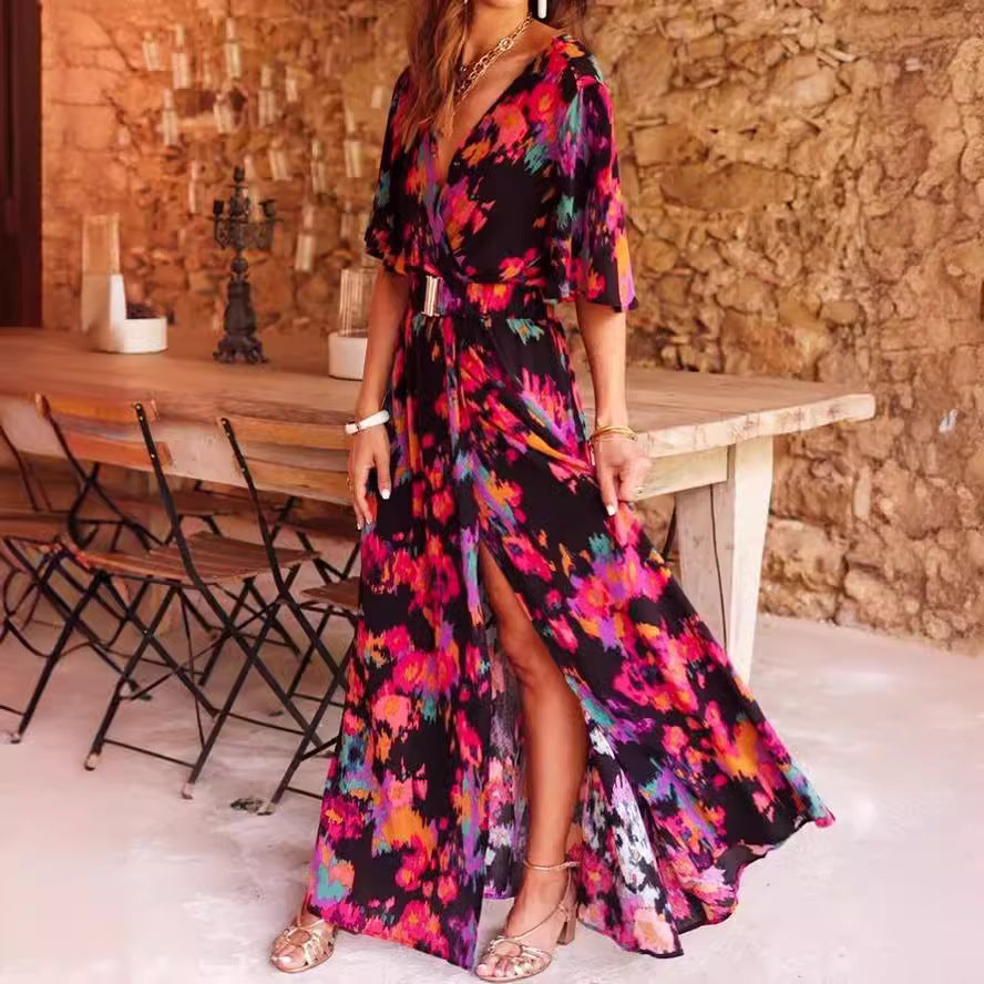 2025 spring and summer new European and American cross-border printed short-sleeved dress slim waist commuting mid-length temperament