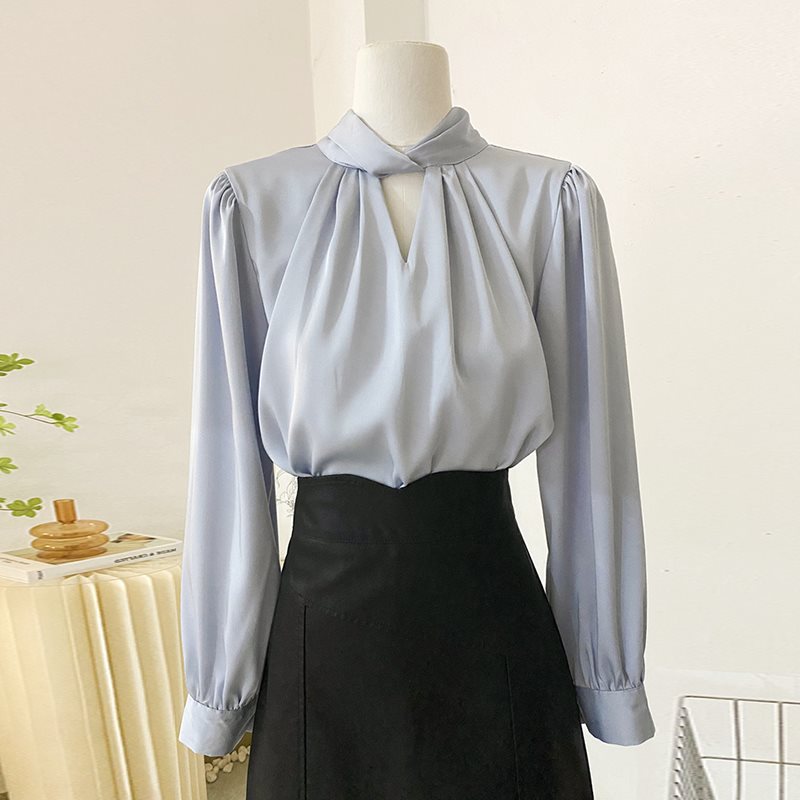 French acetate satin stand-up collar hollow shirt women's spring and autumn fashionable temperament professional commuting long-sleeved top