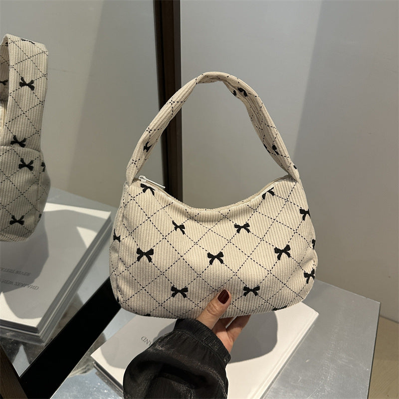 Corduroy fashion handbag cloth bag women's bag new autumn underarm bag bow print simple fashion shoulder bag