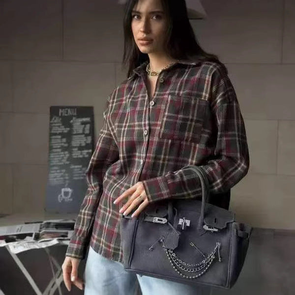 2025 Spring and Autumn Cross-border Retro All-match Lapel Loose Shirt #Plaid Long Sleeve Pocket Women's Shirt