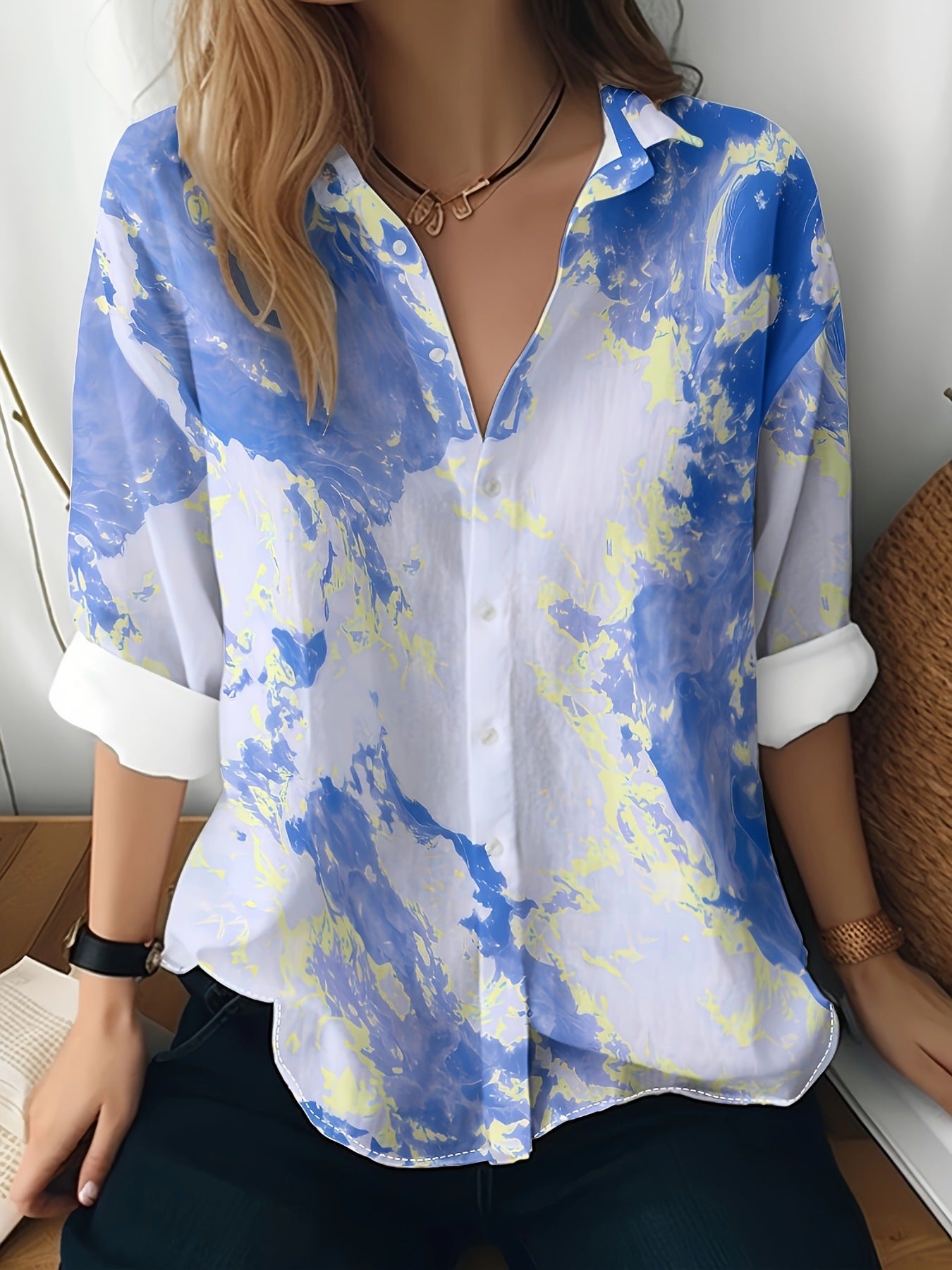 Cat cross-border European and American women's 3D printed floral pattern long-sleeved shirt women's fashion tops