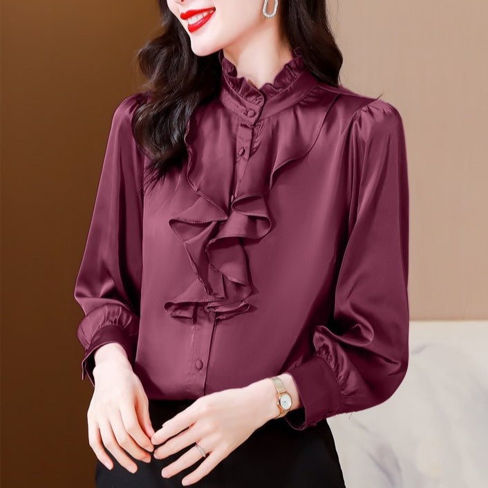 Green 1803 intellectual and generous temperament imitation silk shirt female long sleeve solid color lace collar palace style mulberry silk shirt