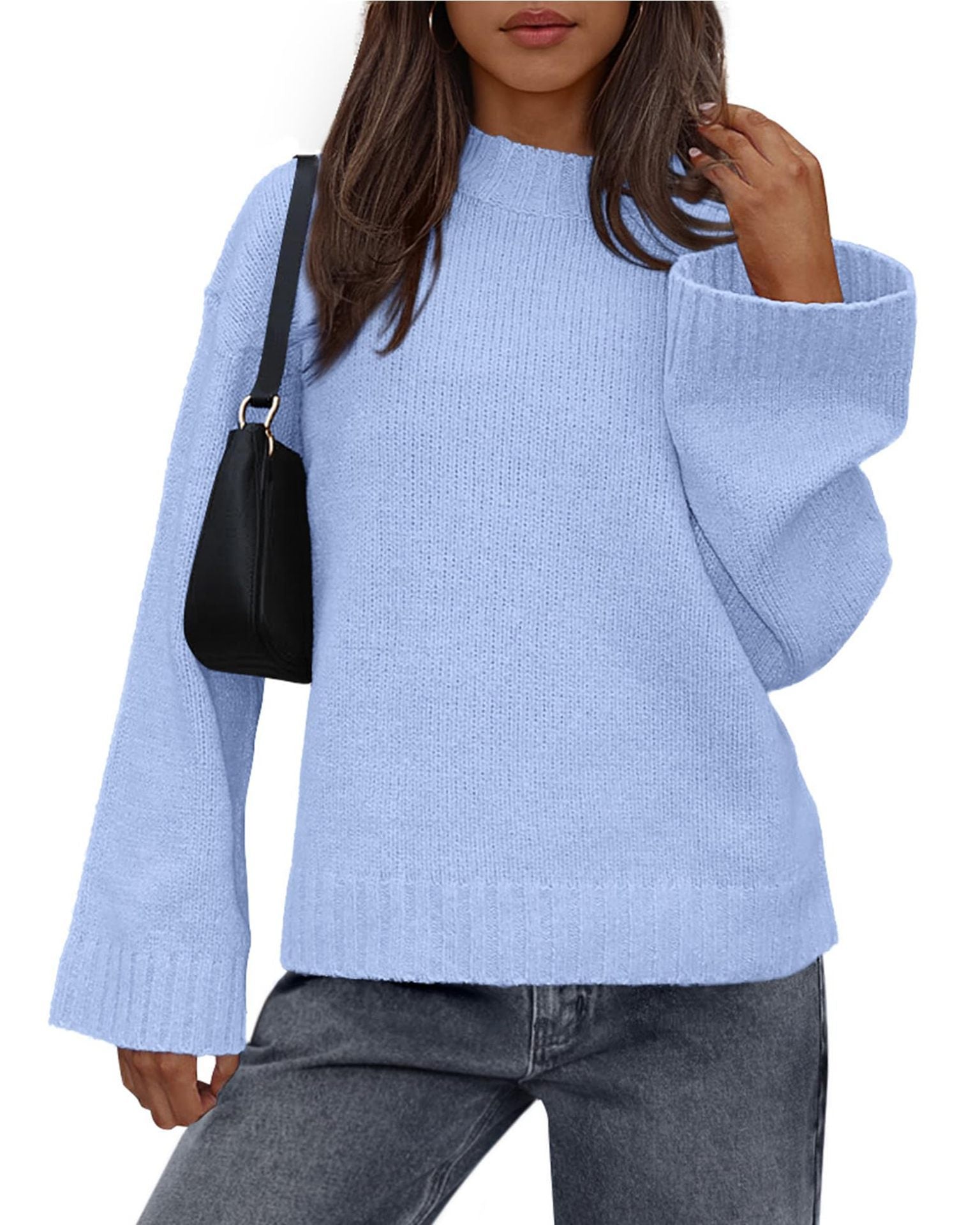 2025 Foreign Trade Autumn and Winter New Arrival Casual Round Neck Loose Solid Color Long Sleeve Trumpet Sleeve Knitted Sweater Women's Clothing