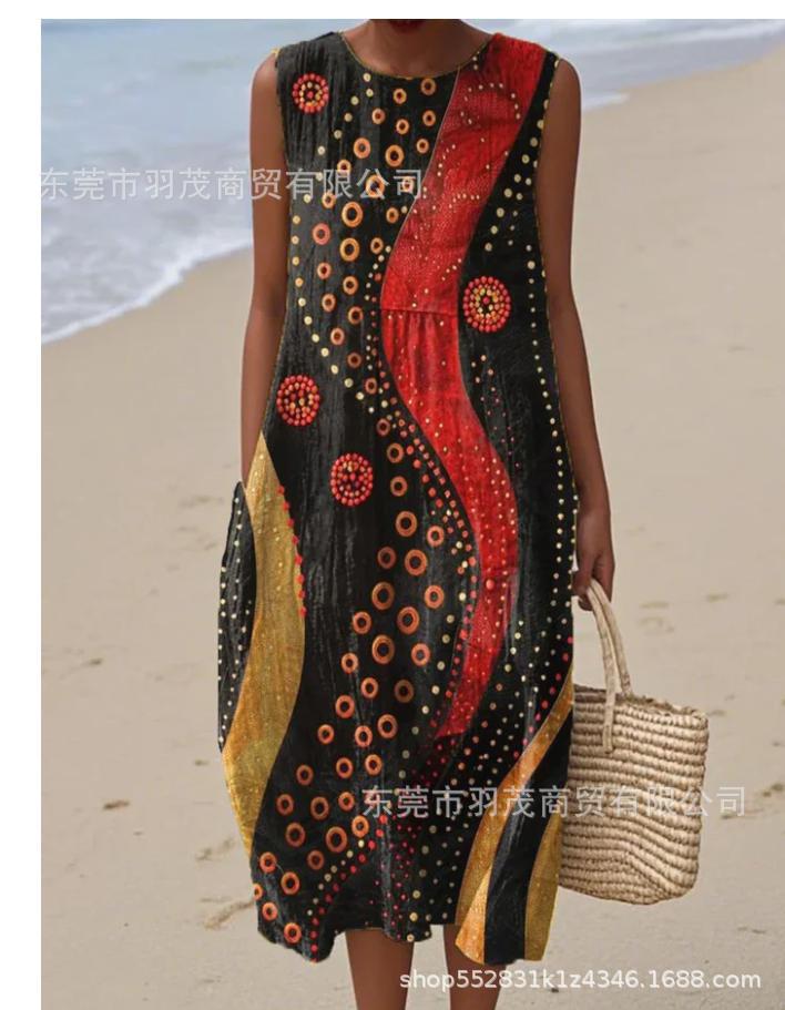 2025 European and American spring and summer new sleeveless casual printed temperament long skirt dress slim small fresh casual skirt