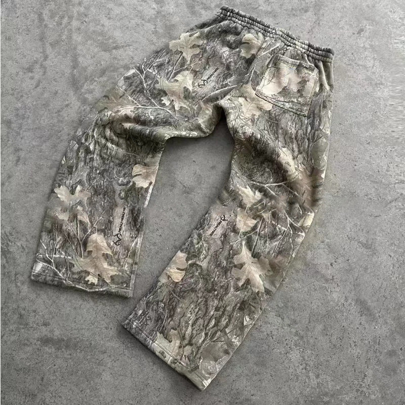 Leaf camouflage 3D printed flared casual pants men's loose sports outdoor camouflage wide-leg trousers American street style