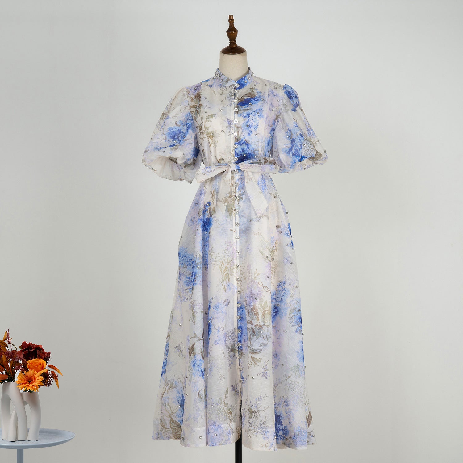 European and American cross-border summer palace style high-end design heavy-duty rhinestone short-sleeved single-breasted dress with suspenders