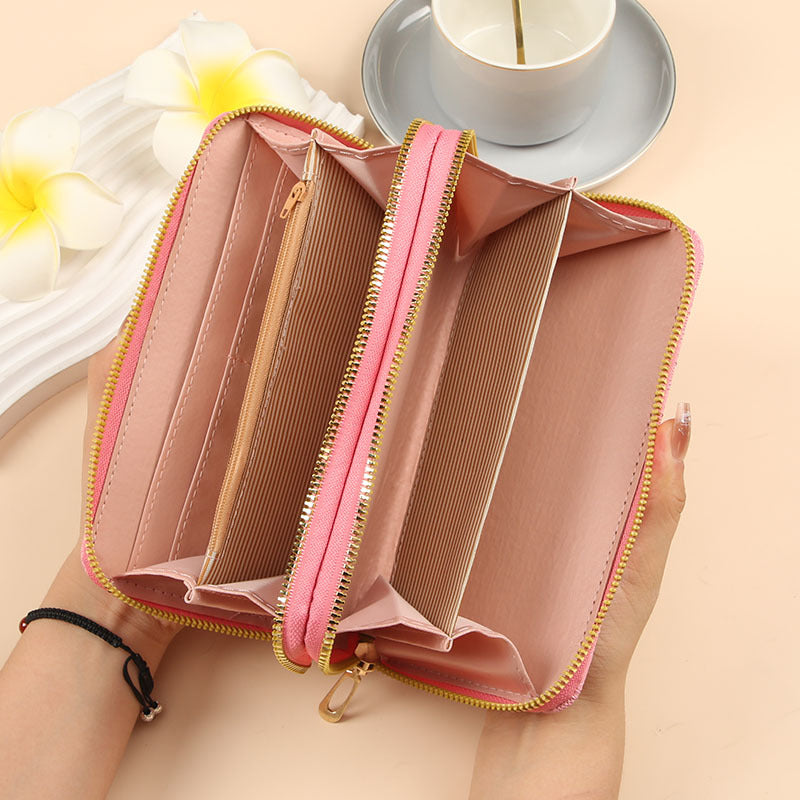 Foreign trade-specific wallet for women, long woven pattern double zipper large capacity clutch bag, multifunctional patent leather mobile phone bag for women