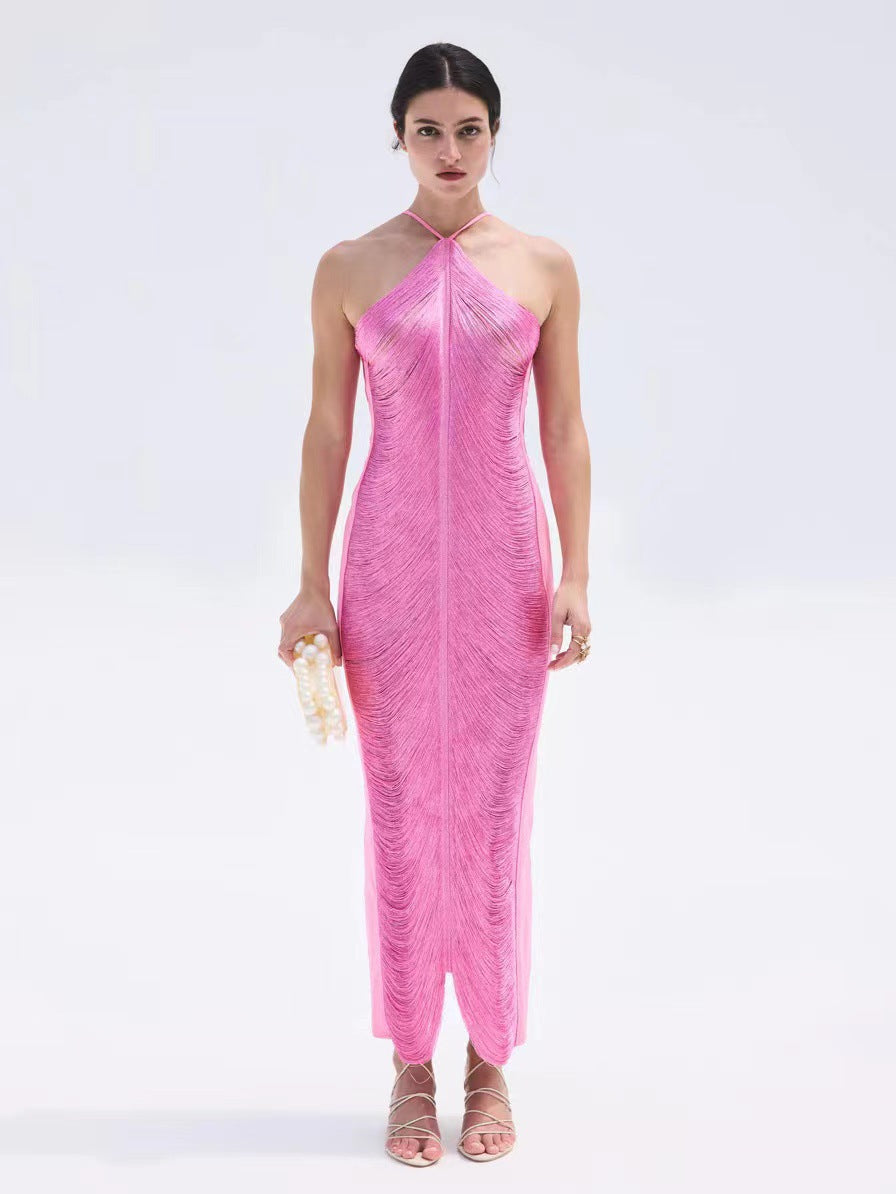 2025 European and American foreign trade cross-border supply fashion tassel back slit halter neck dress light luxury slim fit