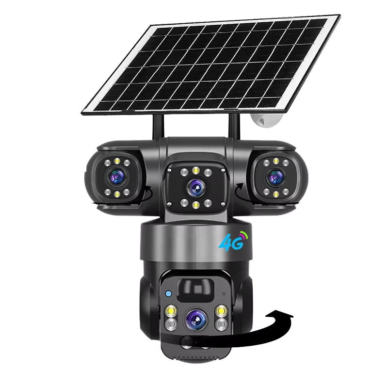 V380 trinocular solar camera three-screen low power consumption ball camera zoom 4G PTZ outdoor surveillance camera