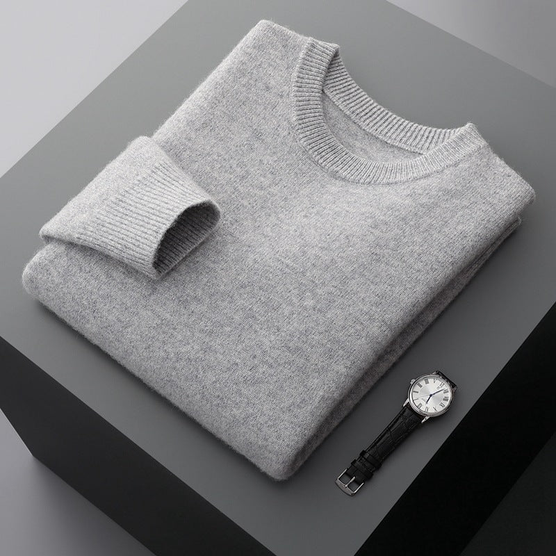 Autumn and winter round neck wool sweater men's 100% pure wool thick pullover sweater loose casual solid color knitted bottoming shirt