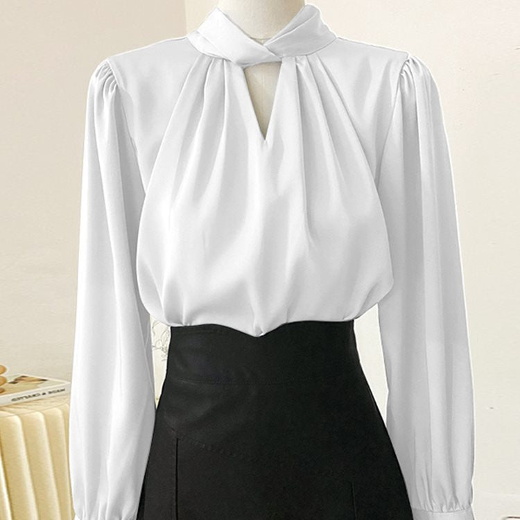 French acetate satin stand-up collar hollow shirt women's spring and autumn fashionable temperament professional commuting long-sleeved top