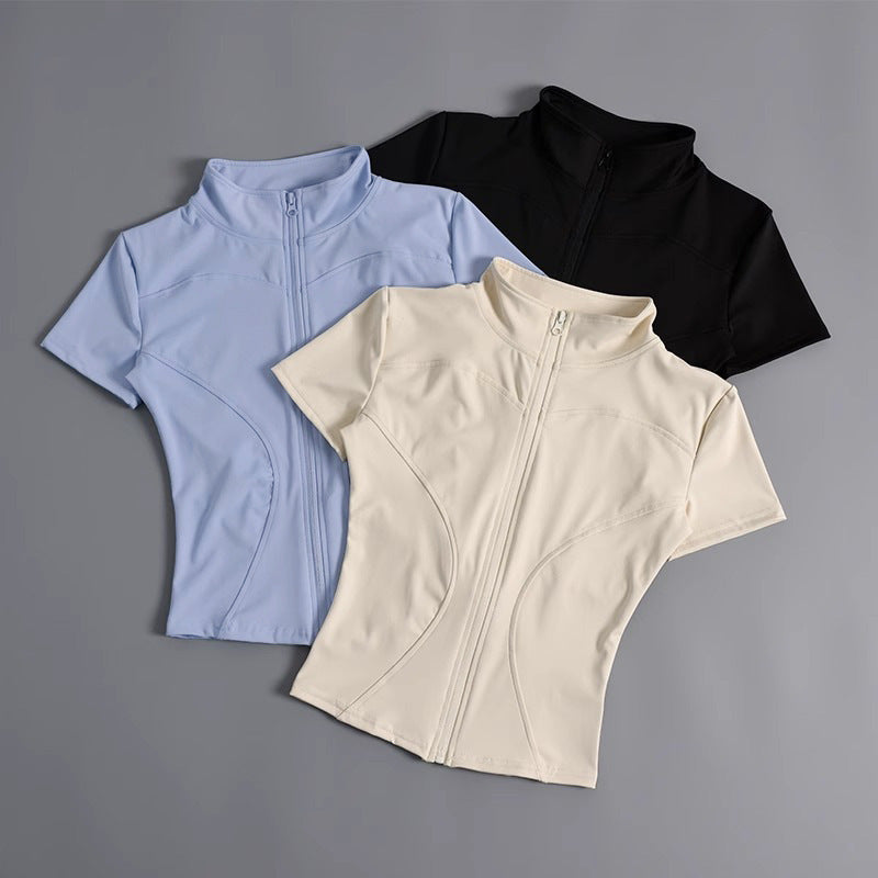 High elastic yoga short-sleeved jacket stand collar zipper tight running sports jacket quick-drying nude fitness short-sleeved women summer