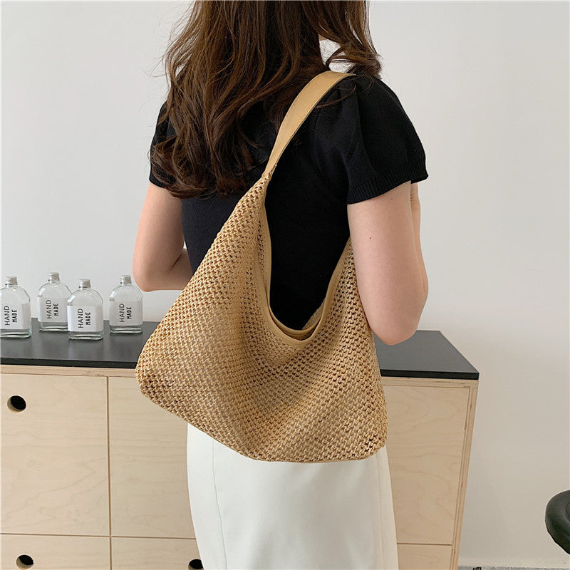 Korean ins retro woven tote bag straw bag large capacity underarm bag shoulder bag holiday style beach bag female