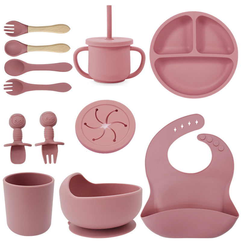 Baby silicone tableware set infant food bowl spoon saliva pocket children's 3-grid silicone dinner plate straw cup