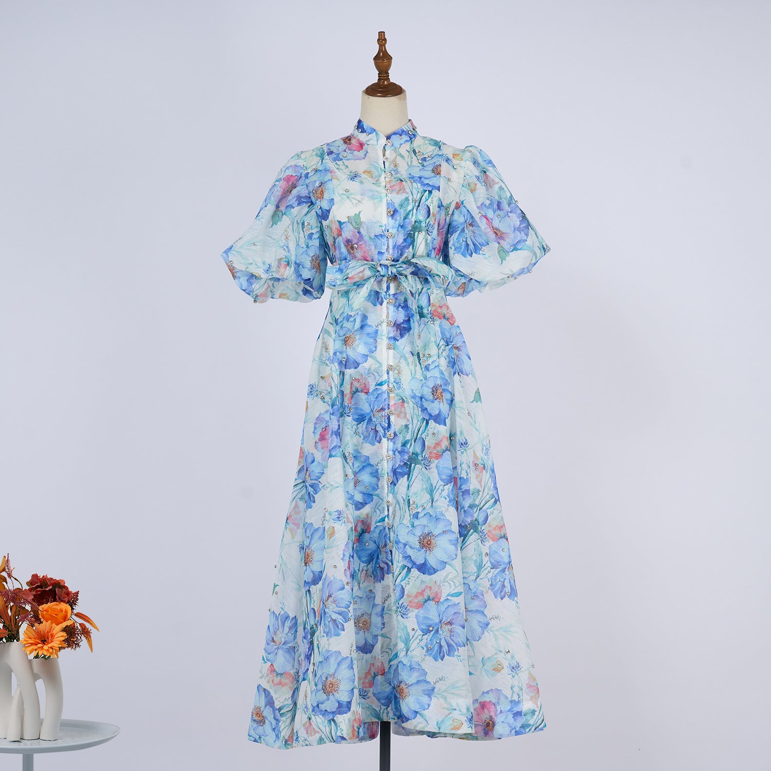 European and American cross-border summer palace style high-end design heavy-duty rhinestone short-sleeved single-breasted dress with suspenders