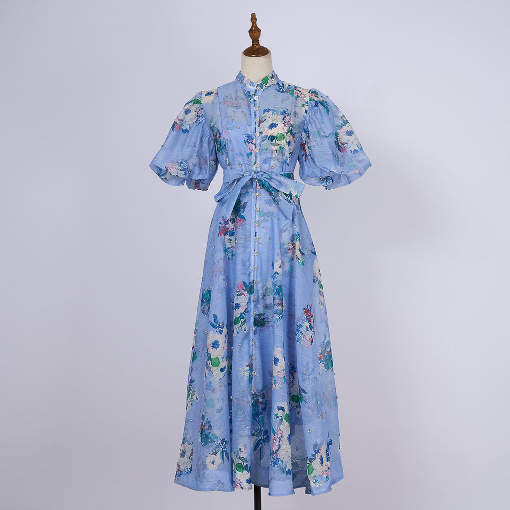 European and American cross-border summer palace style high-end design heavy-duty rhinestone short-sleeved single-breasted dress with suspenders