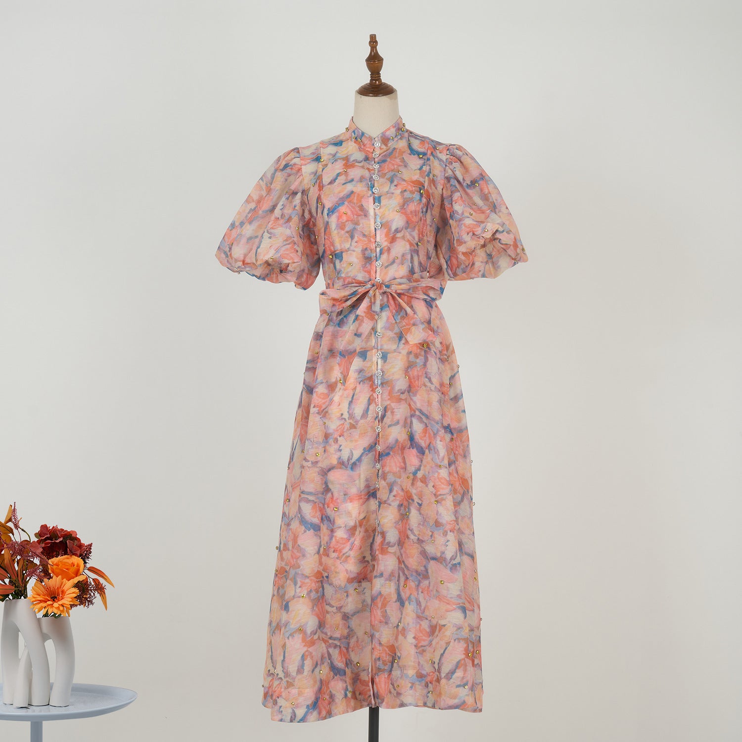 European and American cross-border summer palace style high-end design heavy-duty rhinestone short-sleeved single-breasted dress with suspenders