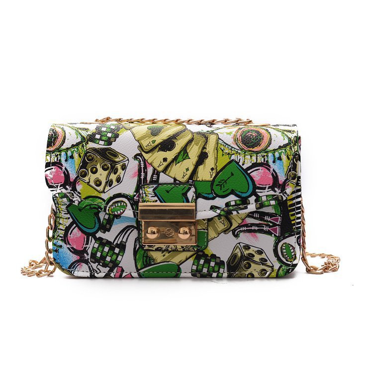 New fashion printed small square bag graffiti women's bag Korean style chain small bag lock crossbody shoulder bag wholesale
