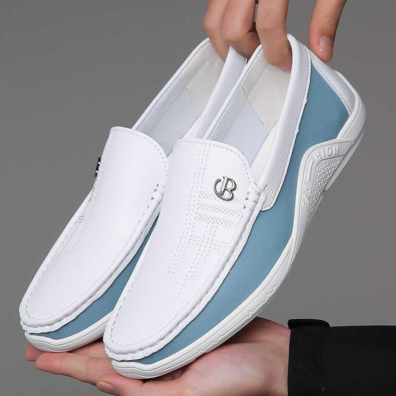 Summer leather shoes soft leather men's shoes soft sole men's business casual white shoes British fashion slip-on shoes