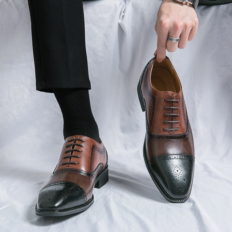 European and American British style brogues men's business genuine leather color matching carved Oxford shoes men's wedding pointed toe groom shoes