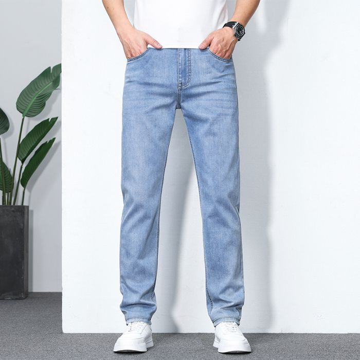 2025 new high-end stretch summer thin jeans men's loose straight ice silk casual large size long pants
