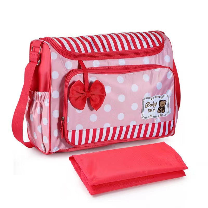 Cross-border printing large polka dot mommy bag four-piece set multifunctional large capacity butterfly festival one-shoulder bear mother and baby bag