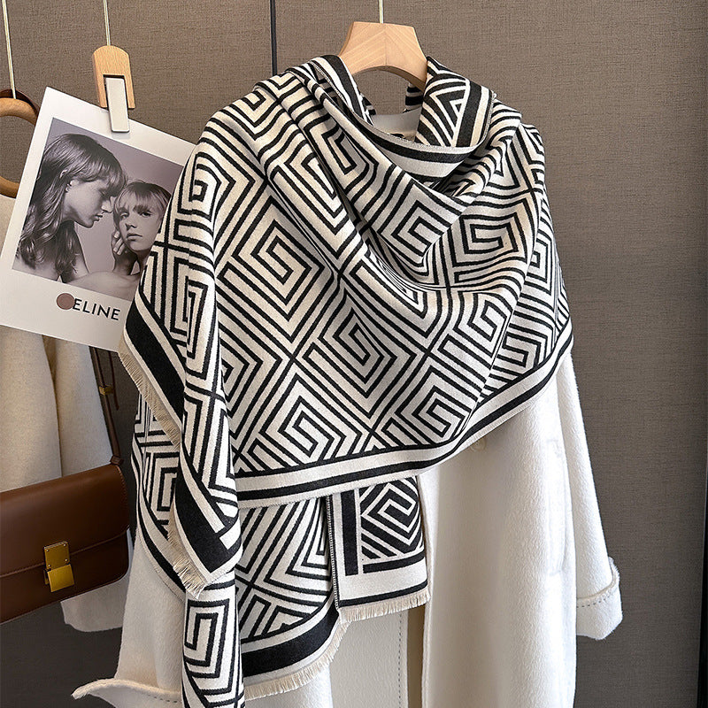 autumn and winter new Korean style geometric warm autumn and winter scarf female student neck scarf temperament shawl outer wear imitation cashmere