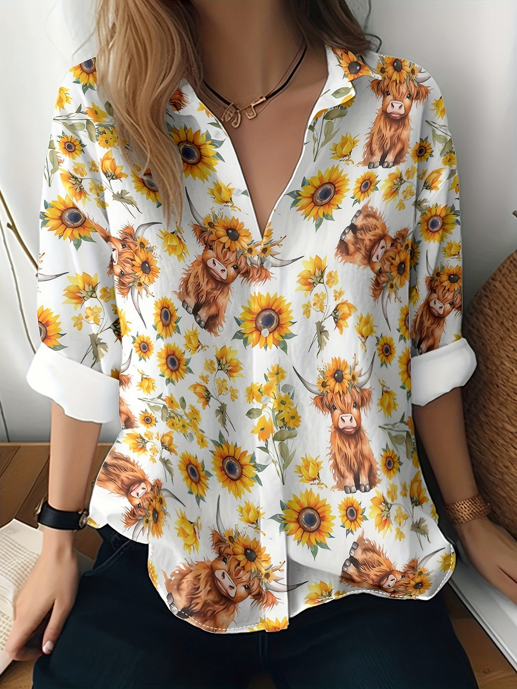 Cat cross-border European and American women's 3D printed floral pattern long-sleeved shirt women's fashion tops
