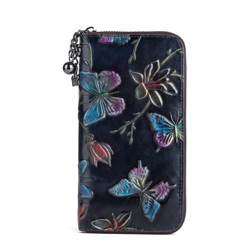 2025 new top layer cowhide handbag women's Chinese style embossed rubbed color long wallet fashion retro clutch bag