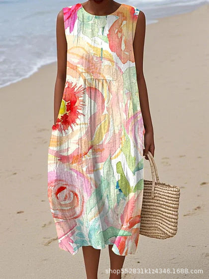 2025 European and American spring and summer new sleeveless casual printed temperament long dress slim small fresh casual dress