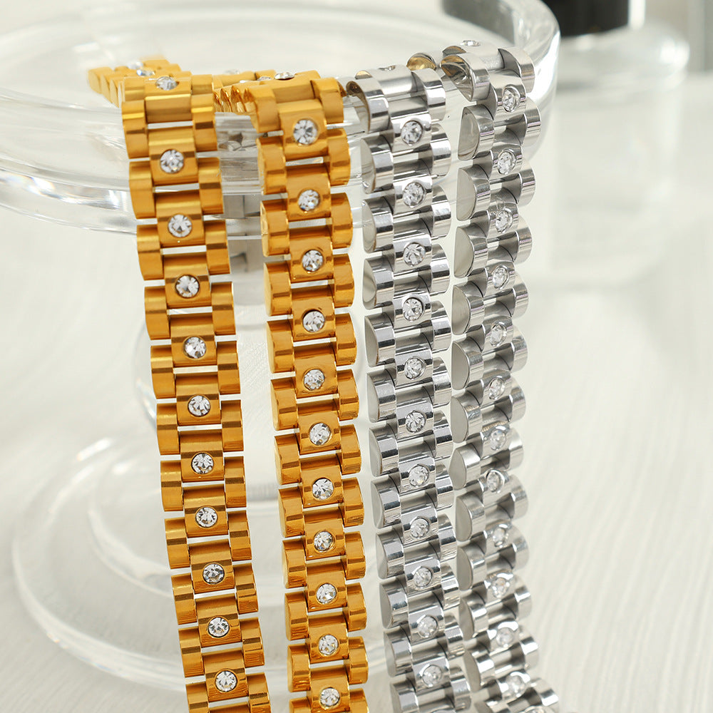 Light luxury white diamond titanium steel watch chain plated with 18k high-end ins bracelet trendy hand jewelry metal sense versatile bracelet for women