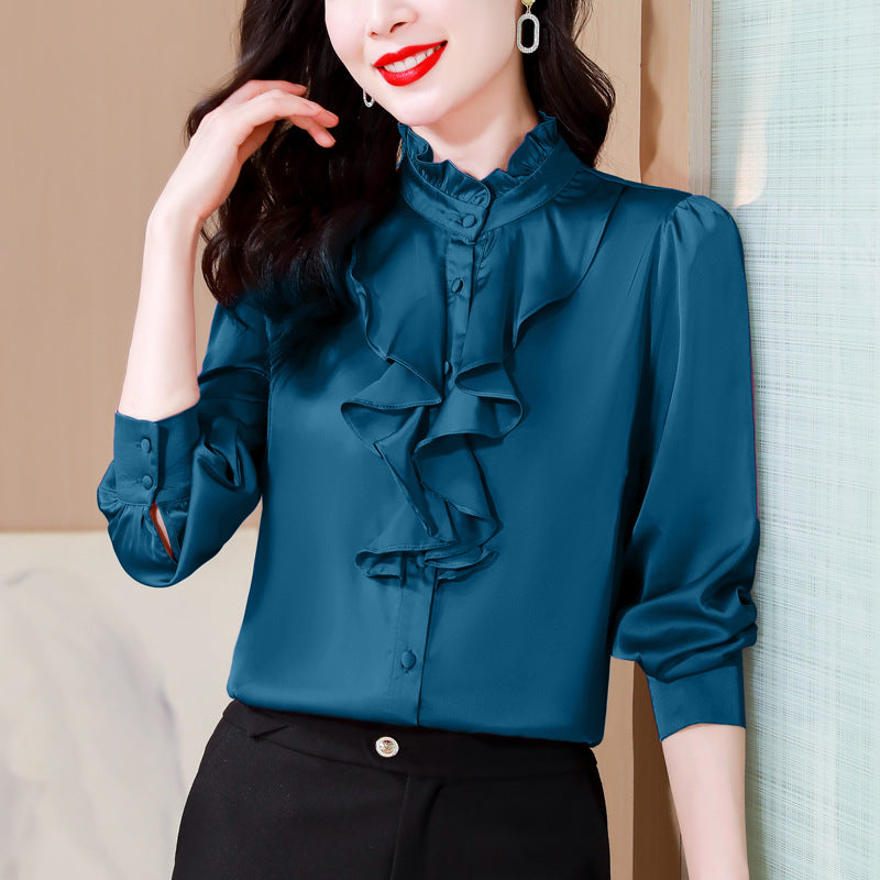 Green 1803 intellectual and generous temperament imitation silk shirt female long sleeve solid color lace collar palace style mulberry silk shirt