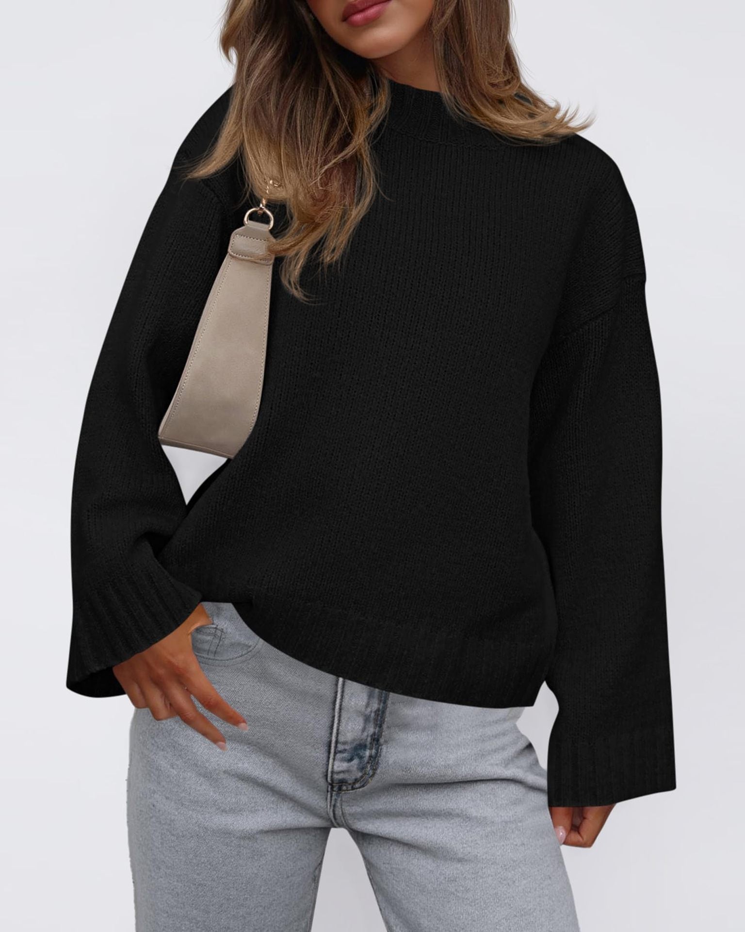 2025 Foreign Trade Autumn and Winter New Arrival Casual Round Neck Loose Solid Color Long Sleeve Trumpet Sleeve Knitted Sweater Women's Clothing
