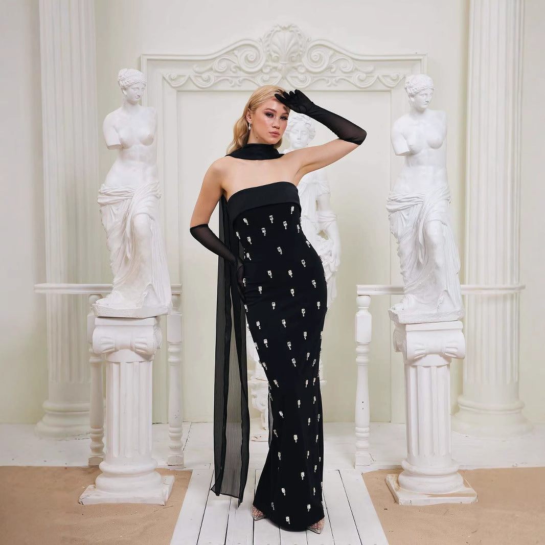 Cross-border independent station gorgeous boutique heavy knit dress tube top halter neck custom diamond bandage evening gown