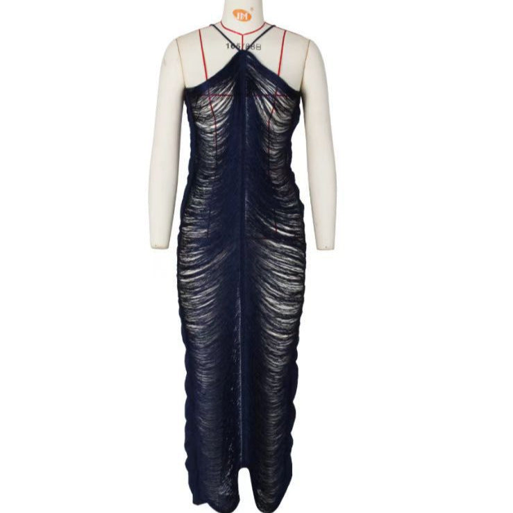 2025 European and American foreign trade cross-border supply fashion tassel back slit halter neck dress light luxury slim fit