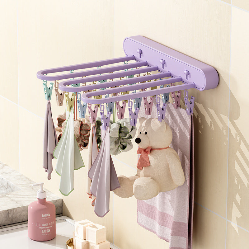 Folding clothes drying rack, punch-free, 24-clip windproof folding sock rack for underwear, balcony and bathroom, multi-clip sock rack