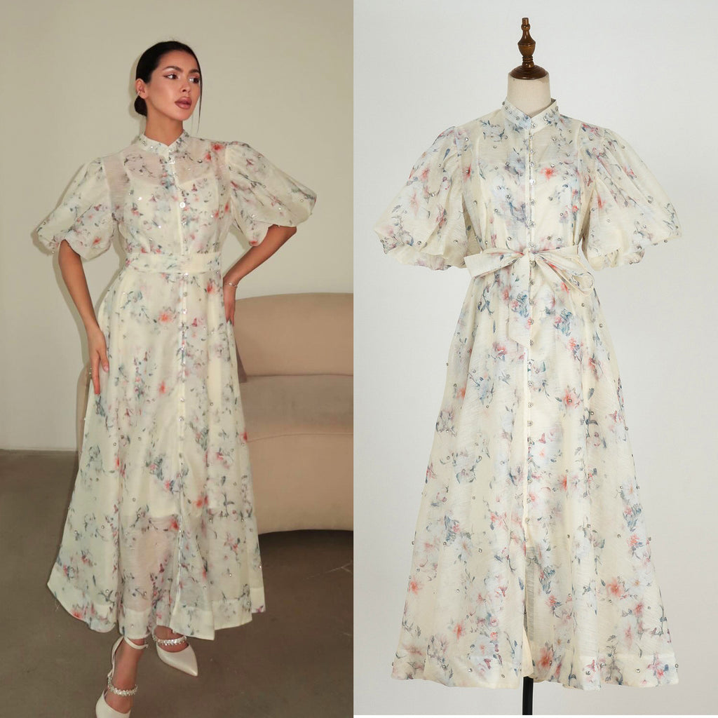 European and American cross-border summer palace style high-end design heavy-duty rhinestone short-sleeved single-breasted dress with suspenders