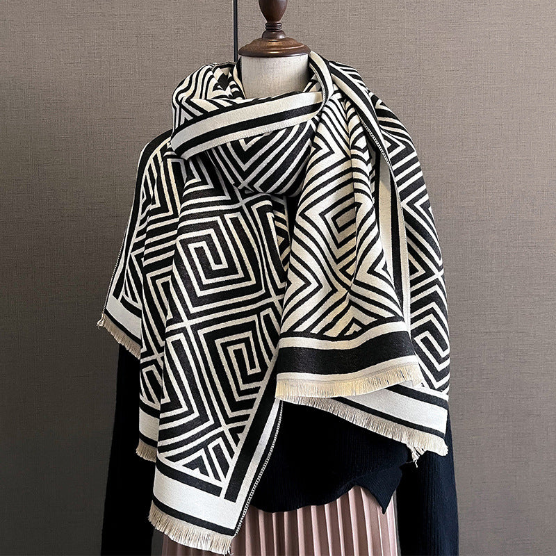 autumn and winter new Korean style geometric warm autumn and winter scarf female student neck scarf temperament shawl outer wear imitation cashmere