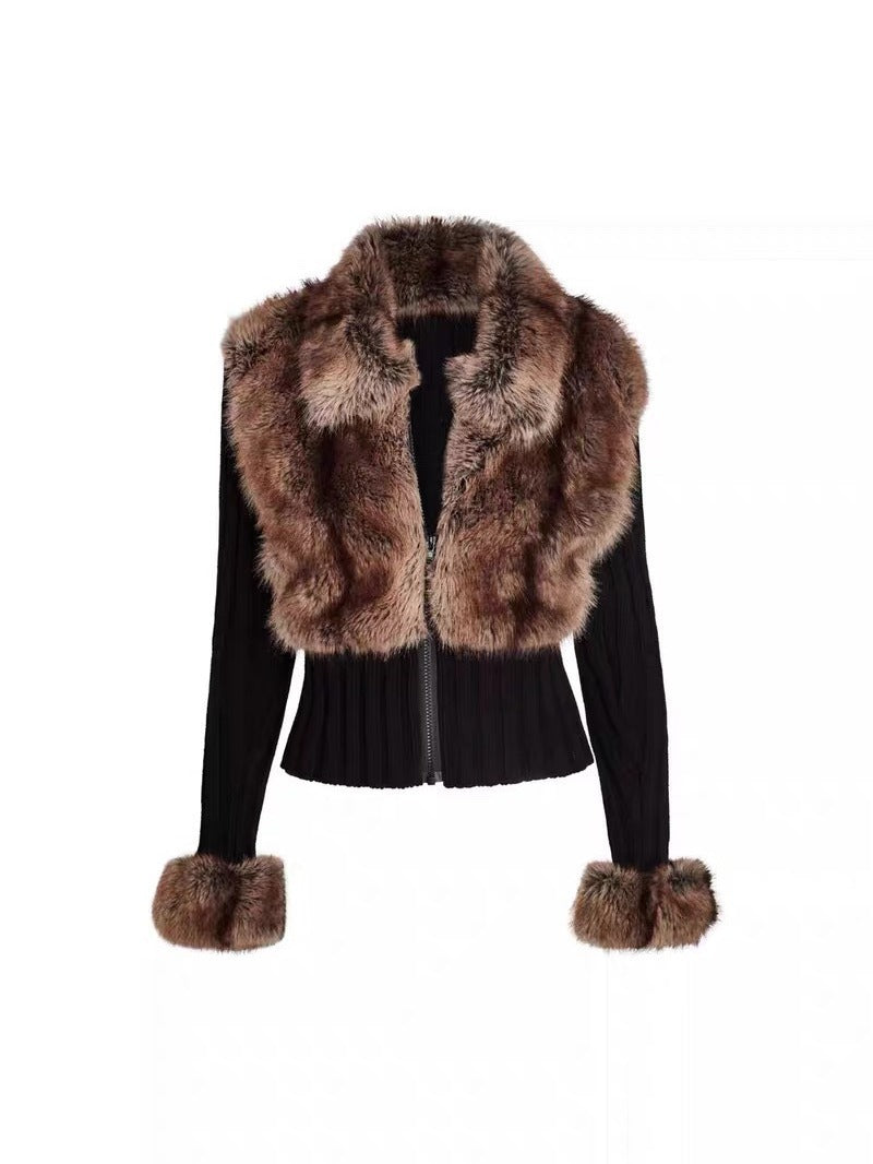 iamgi@Environmentally friendly fur patchwork coat female fake two-piece hot girl lapel zipper warm knit sweater cardigan