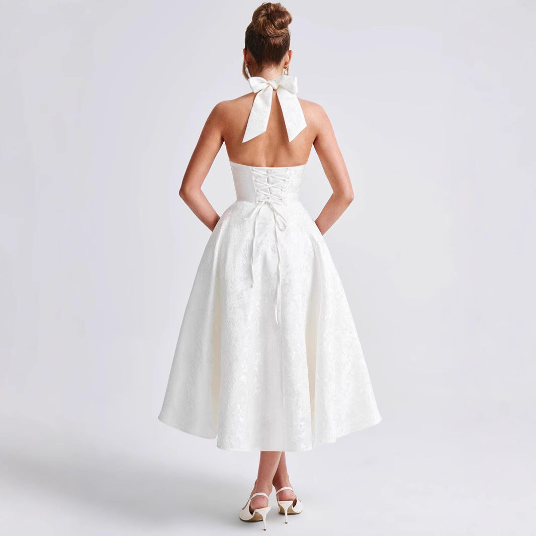 European and American cross-border V-neck halter neck jacquard dress high-end evening dress spring and summer temperament sleeveless backless waist long dress