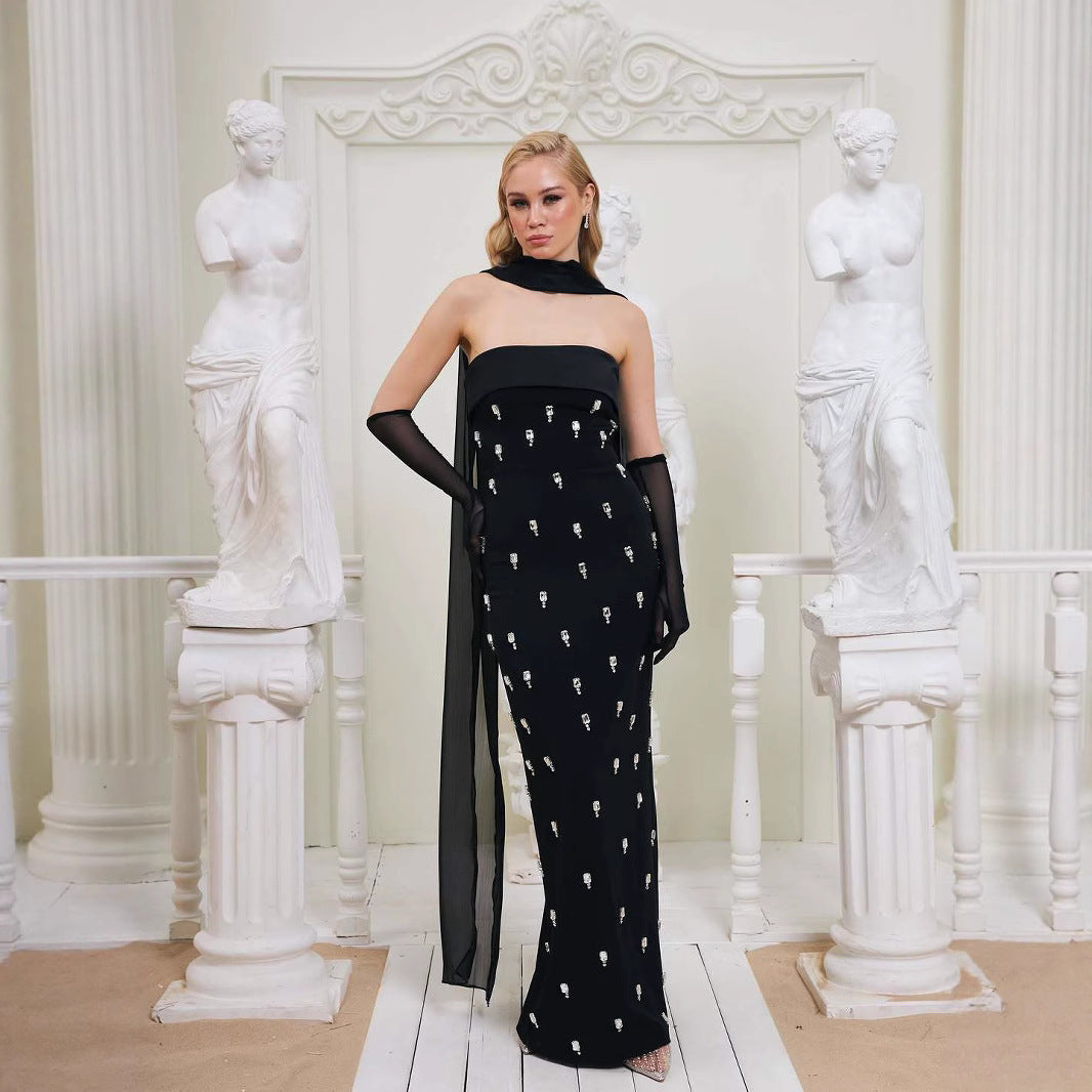 Cross-border independent station gorgeous boutique heavy knit dress tube top halter neck custom diamond bandage evening gown