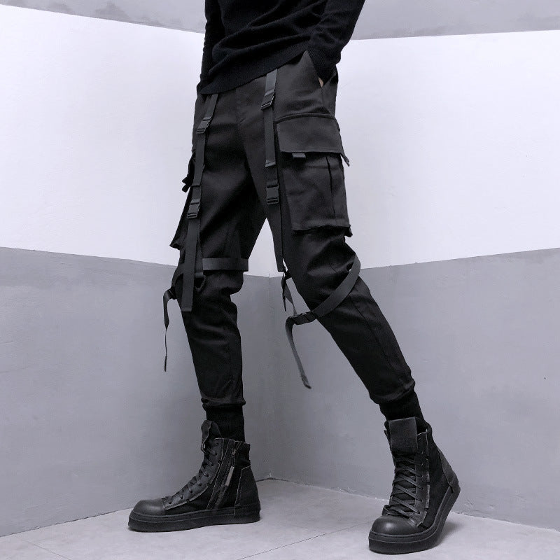 Trendy functional style tactical multi-pocket ribbon paratrooper overalls street fashion brand harem pants