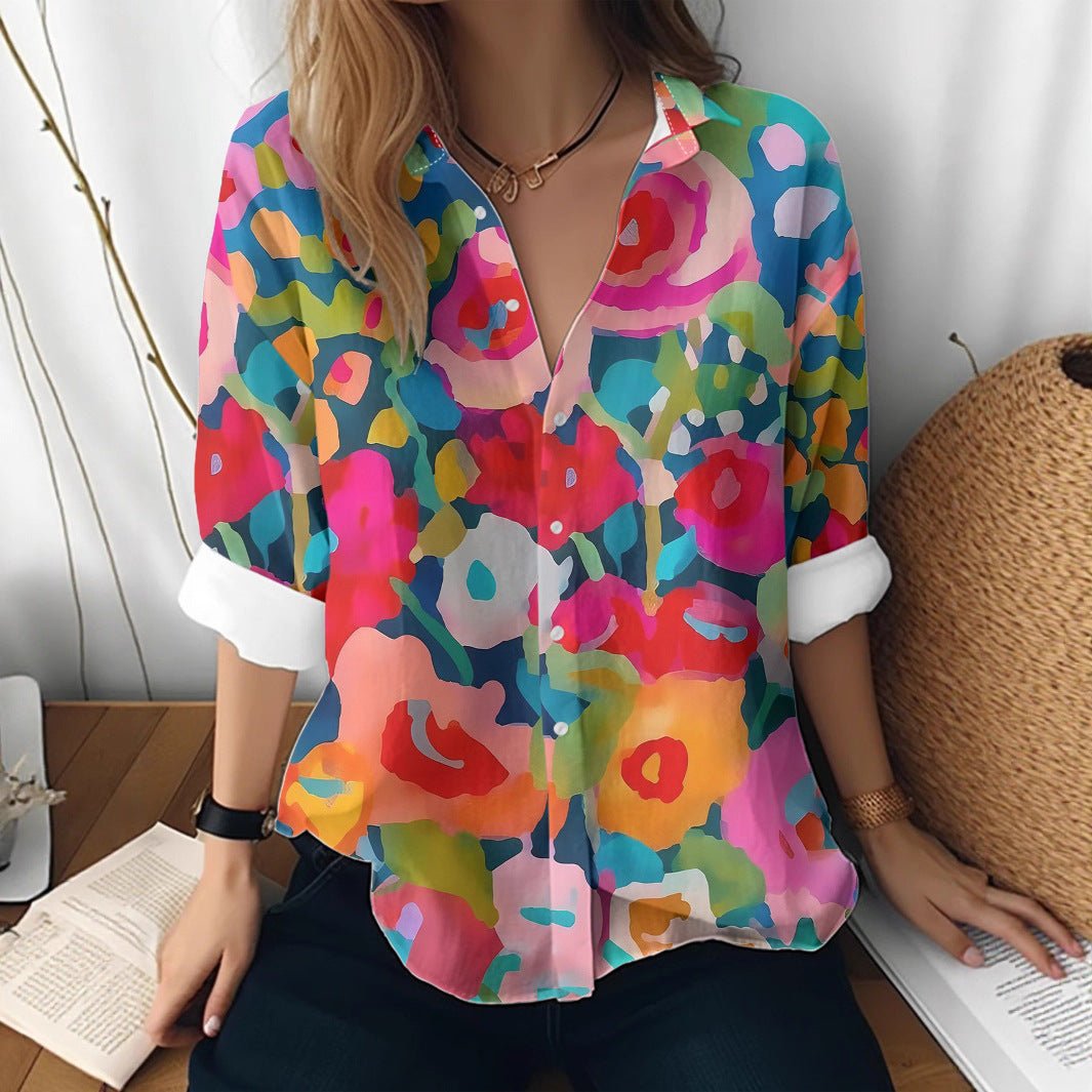Cat cross-border European and American women's 3D printed floral pattern long-sleeved shirt women's fashion tops