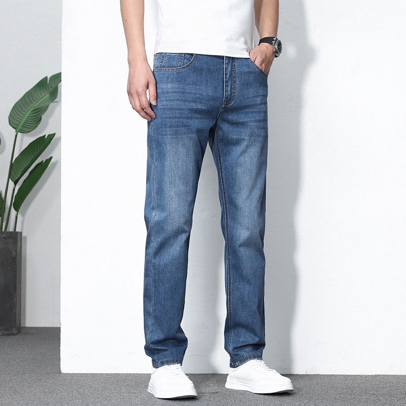 2025 new high-end stretch summer thin jeans men's loose straight ice silk casual large size long pants