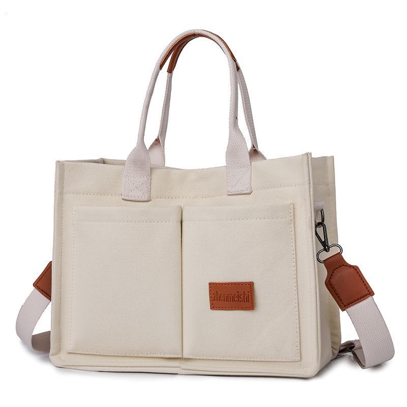 Cross-border canvas bag women's large capacity multi-pocket ladies bag trendy crossbody bag wide shoulder strap handheld tote bag