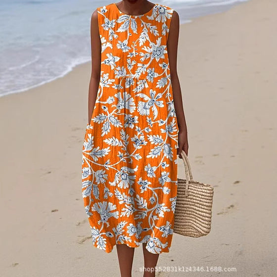 2025 European and American spring and summer new sleeveless casual printed temperament long dress slim small fresh casual dress