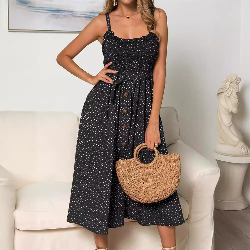 Spring and Summer EABY Hot Sale Wish Slingback Polka Dot Button Dress 5601